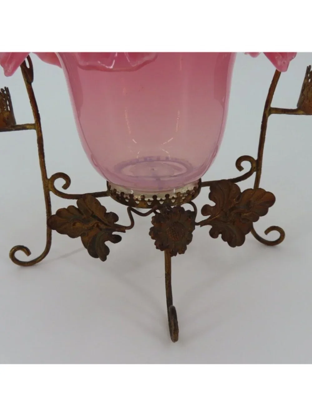 Antique French Gilt Pocket Watch Holder Vanity Pink Glass Bowl Bird Flowers